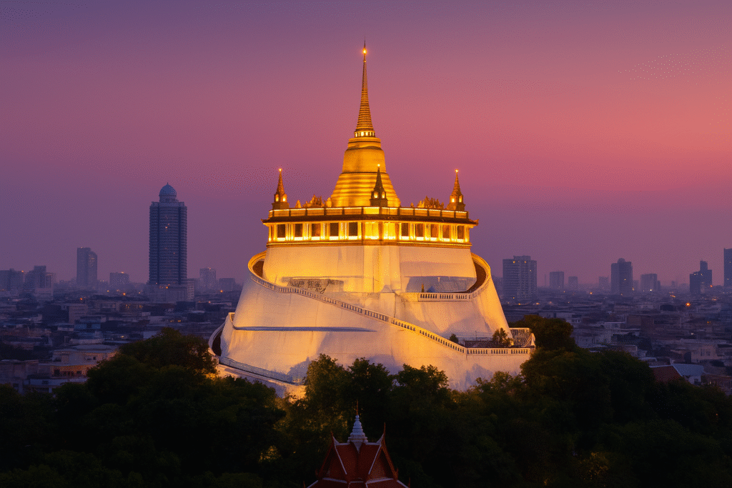 Vue du Wat Saket, le Golden Mount de Bangkok, illuminé au coucher du soleil avec la ville en arrière-plan